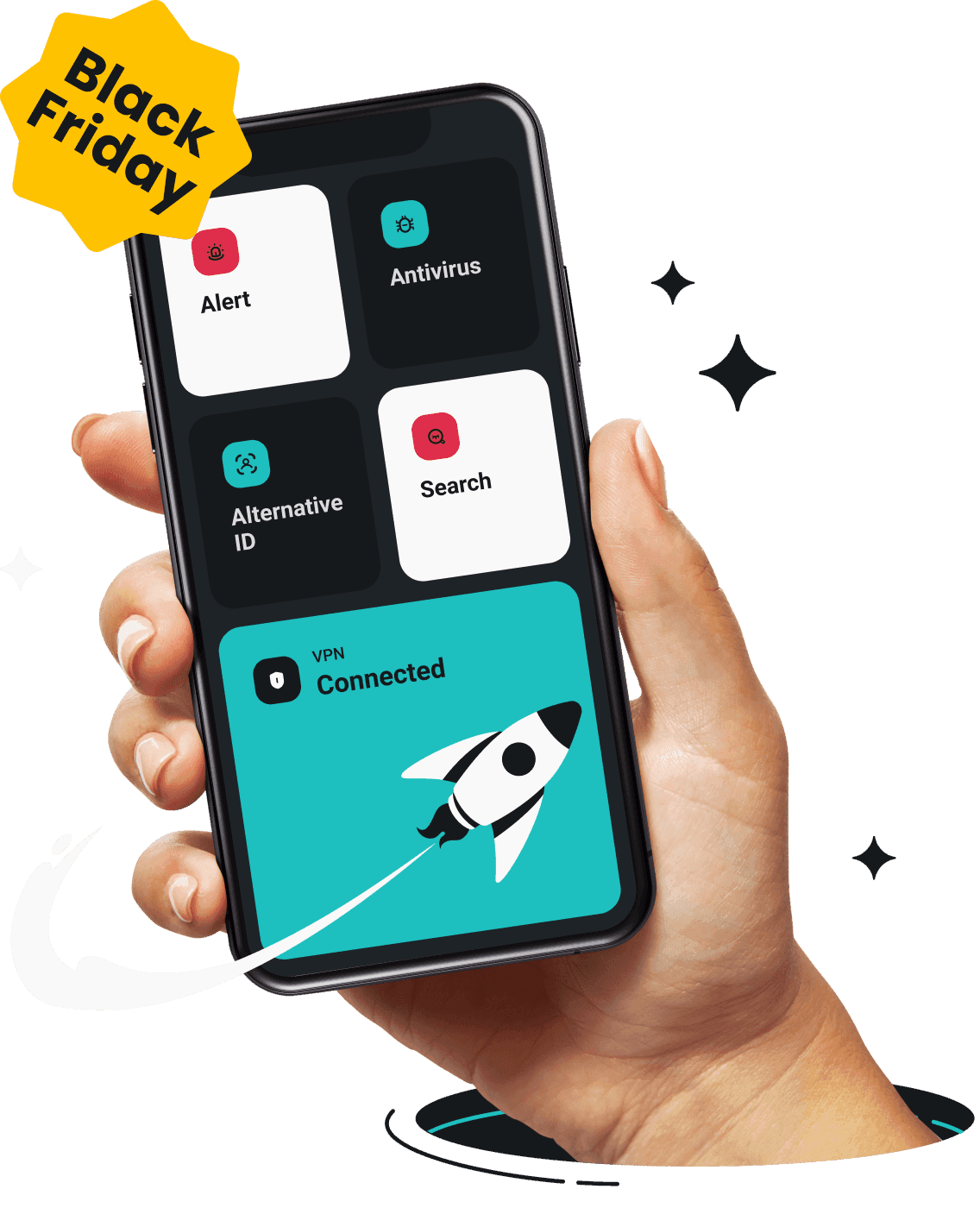 A hand is holding a phone with Surfshark app on its screen.