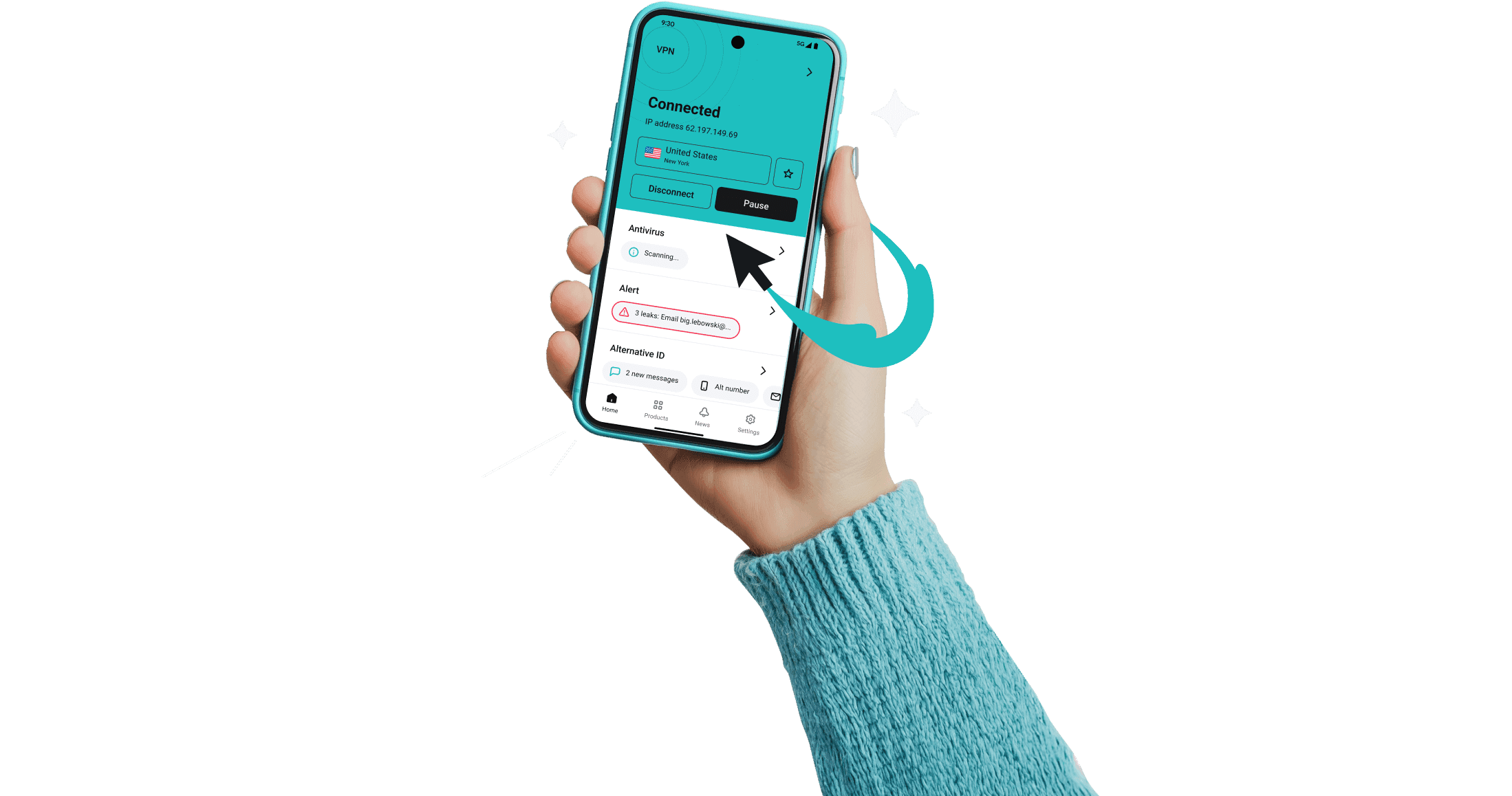Een hand die een smartphone vasthoudt met daarop de Surfshark app met tools als VPN en Antivirus en een pijl met een groen spoor.