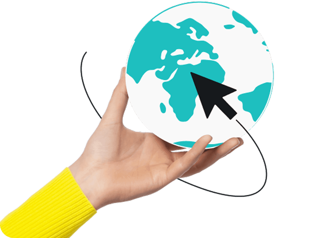 A hand holding a globe with a cursor on it.