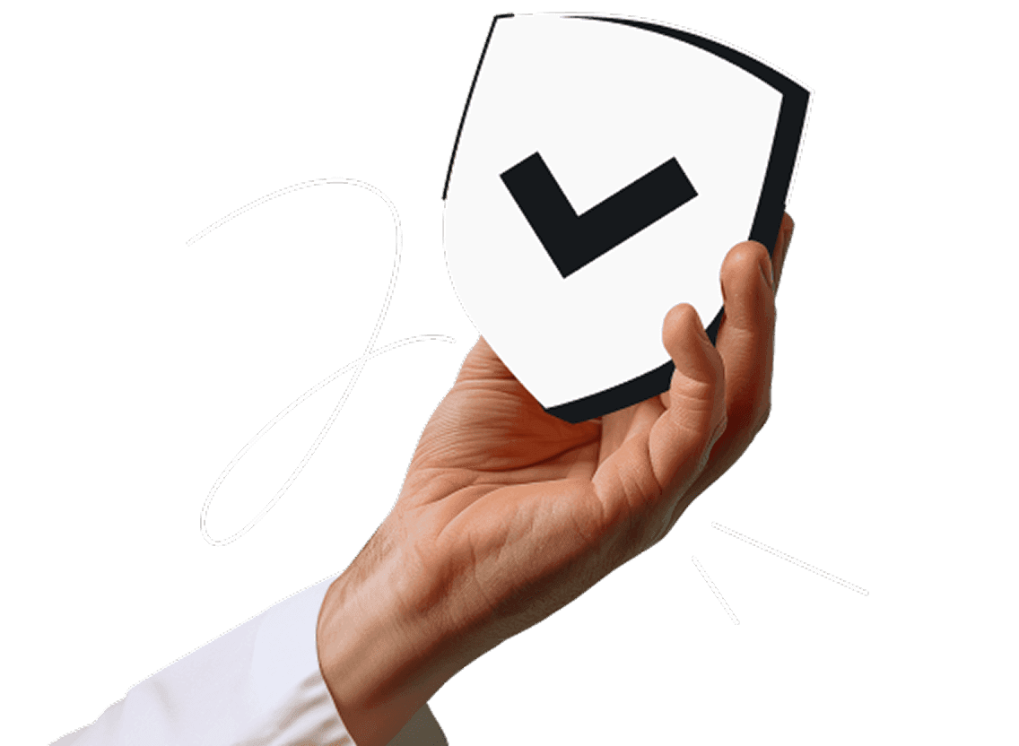 A hand holding a checkmarked shield.