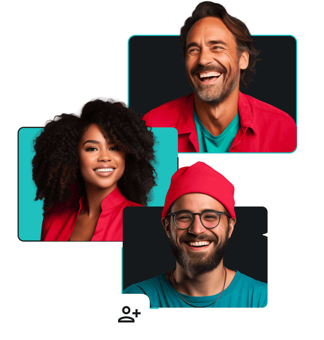 Dois homens e uma mulher sorrindo. Um dos homens está usando óculos e um gorro vermelho.