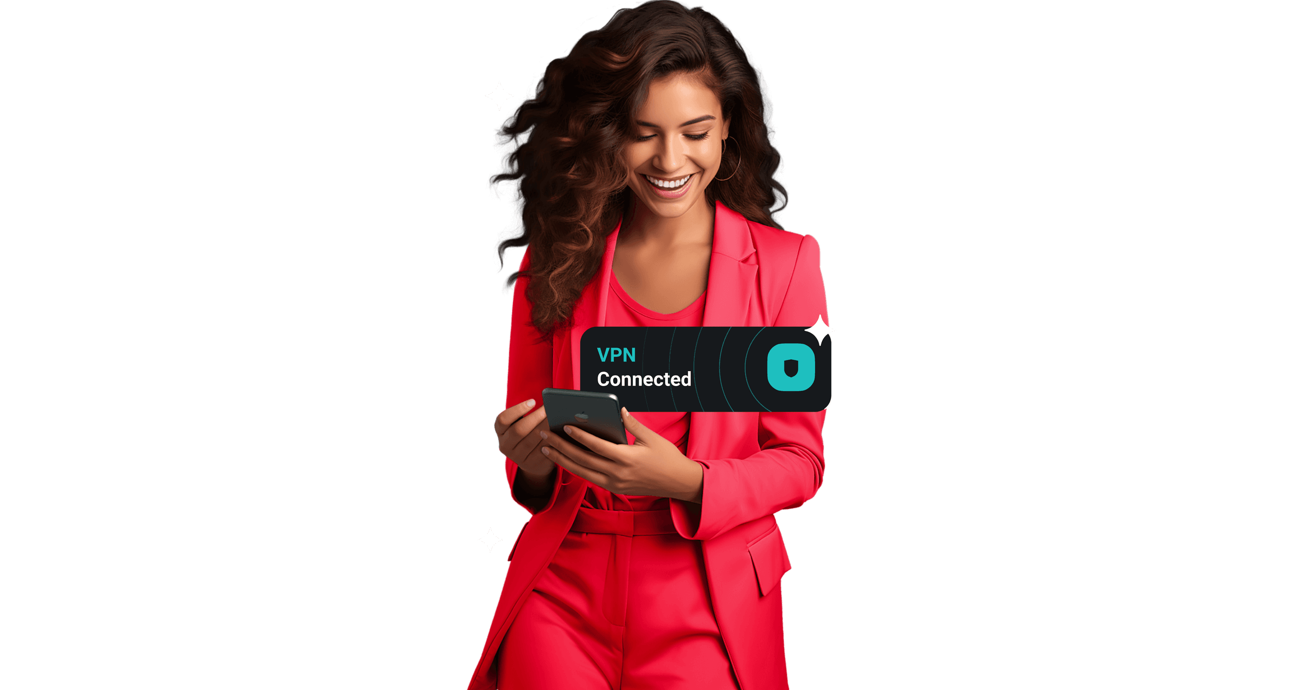 一個面帶微笑的女人正在看著她的手機，她身前有一個已連接 VPN 的框格。