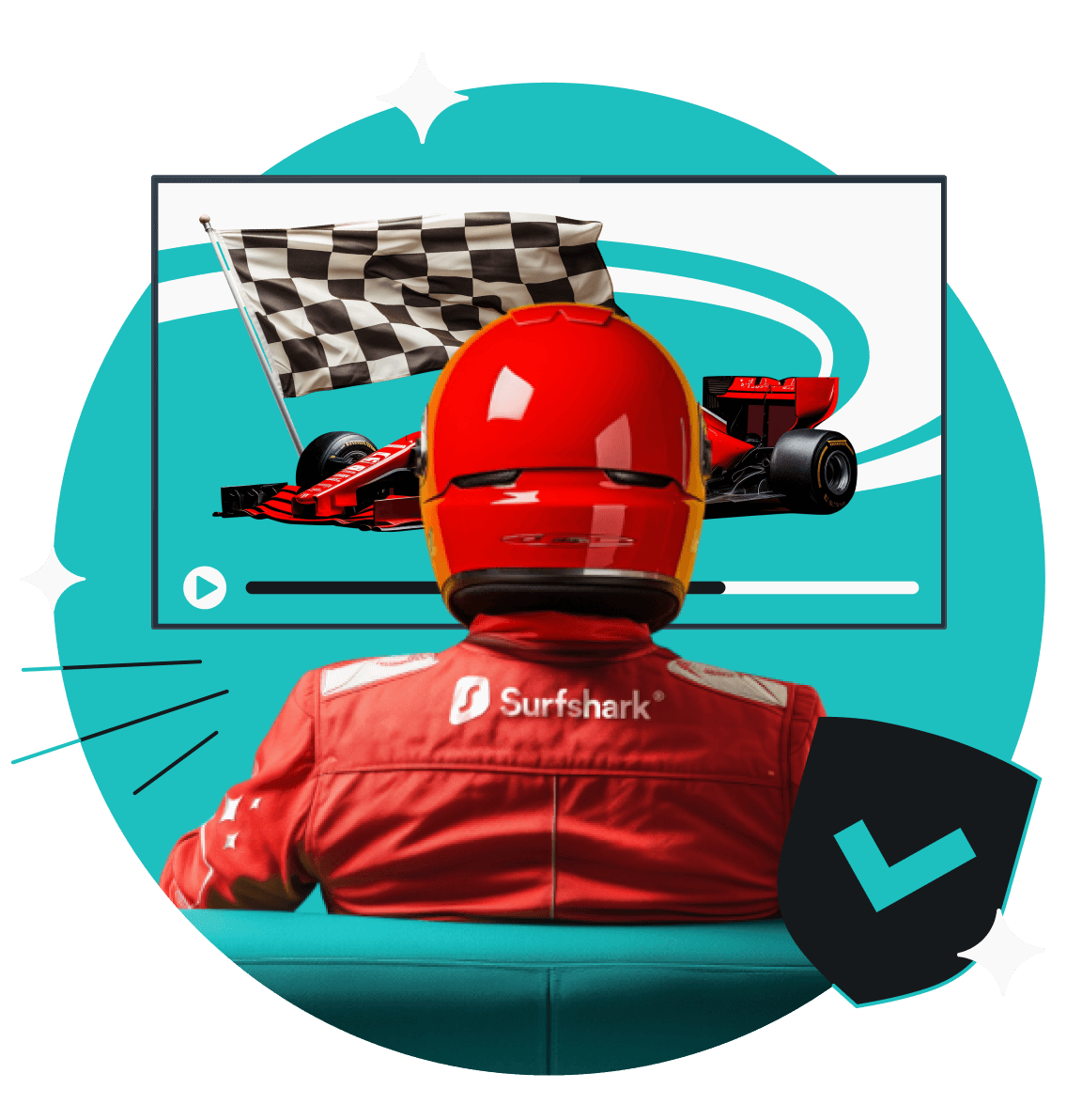 A man in racing gear and a helmet watches the Grand Prix Racing on a computer screen, which is marked with a security check.