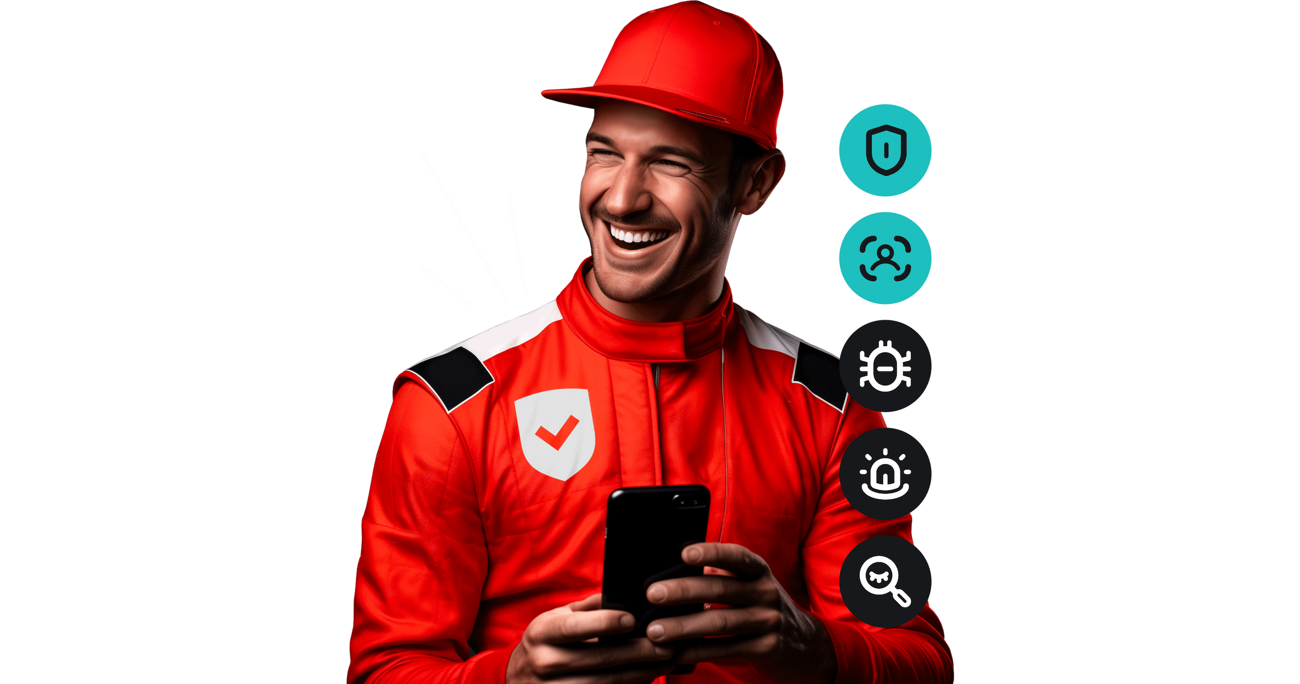 The racer with a shield and security check on his uniform is smiling with a phone.