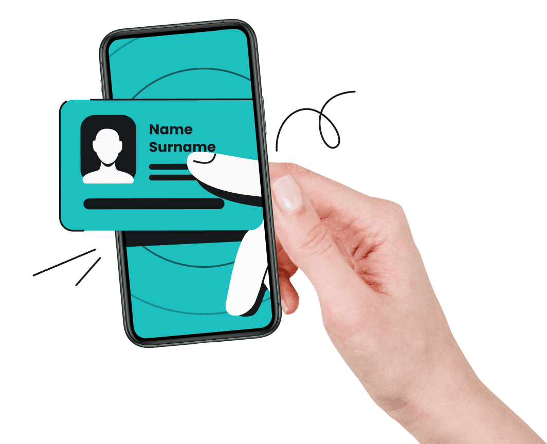Una mano che entra nello schermo di un telefono, con due dita animate che tengono una scheda con nome e cognome