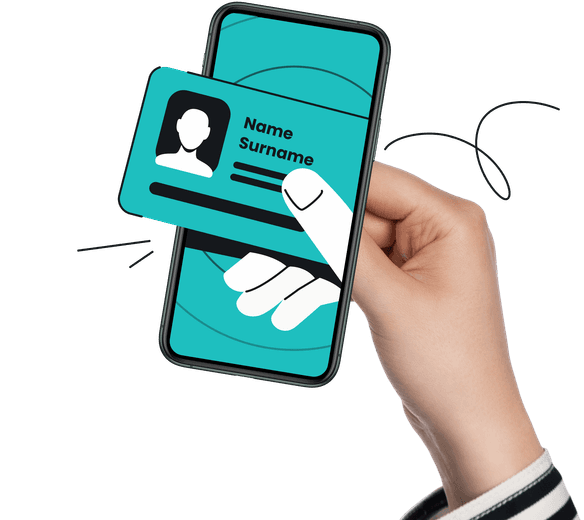 A hand entering a phone screen, with two of its animated fingers holding a name and surname card