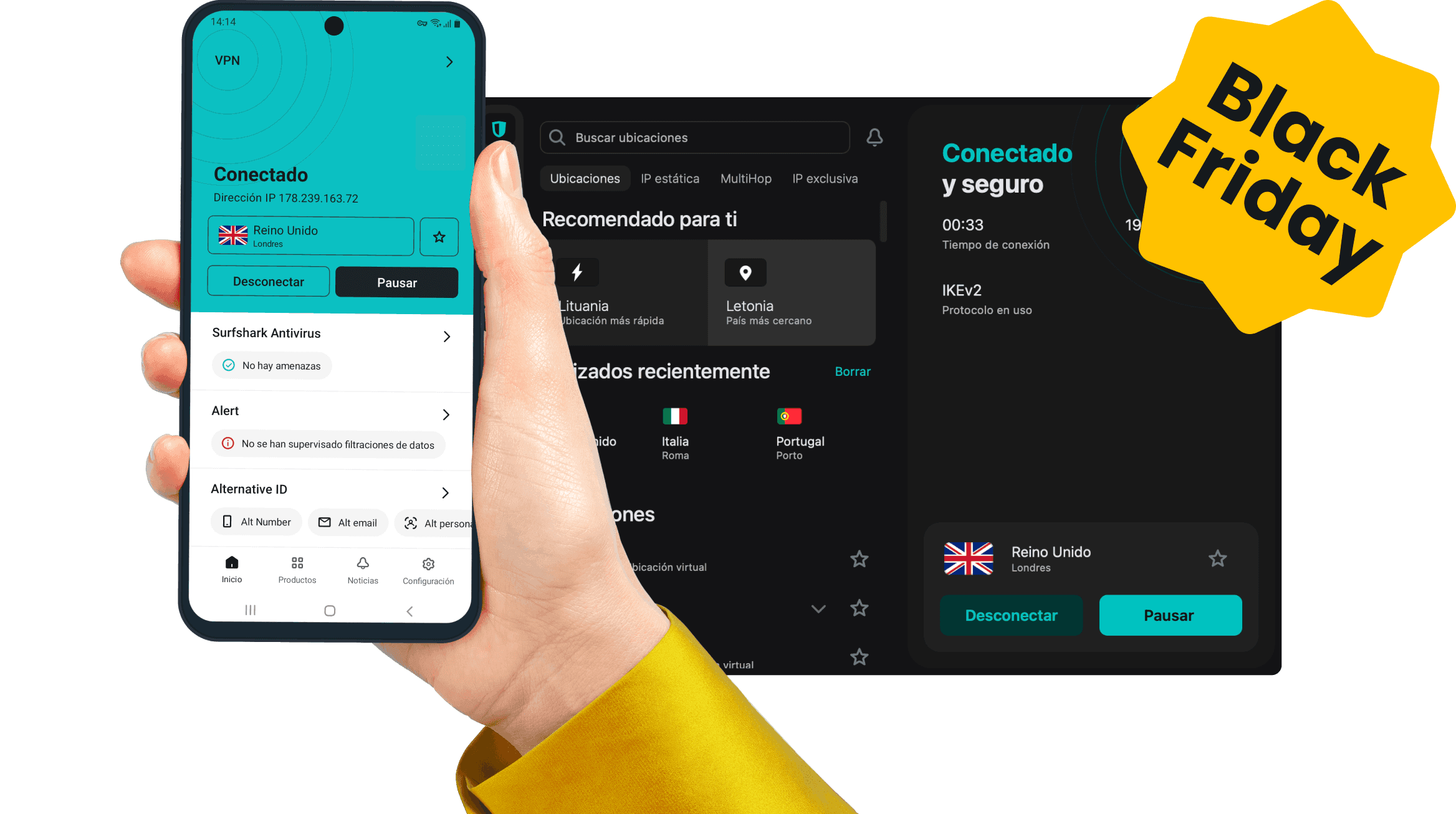 Una mano sostiene un smartphone con la aplicación de Surfshark abierta y la interfaz de la aplicación en segundo plano.