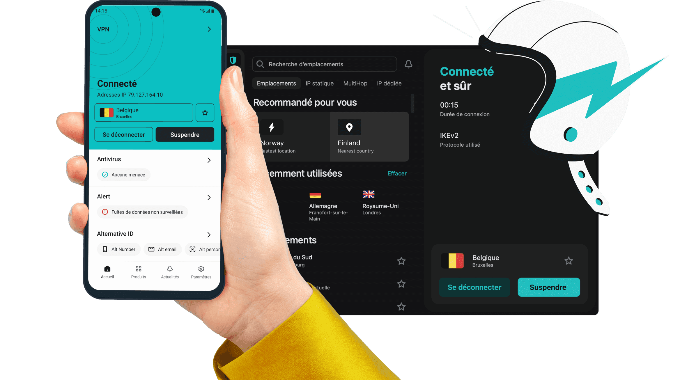 Une main tenant un téléphone avec l’application Surfshark ouverte et l’interface en arrière-plan.