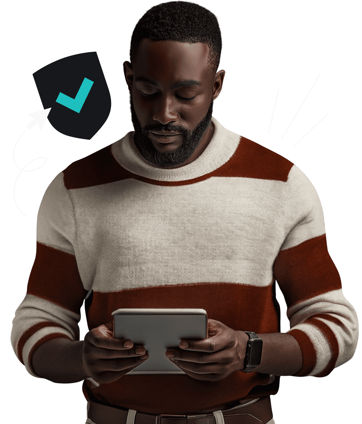 A man with a beard holding and looking down at a tablet and a stylized shield with a checkmark on it beside him.