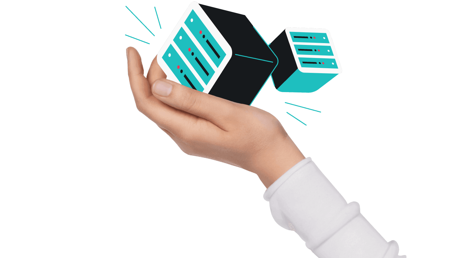 Eine Hand mit einem weißen Ärmel, die einen stilisierten physischen Server hält, hinter dem sich ein weiterer Server befindet