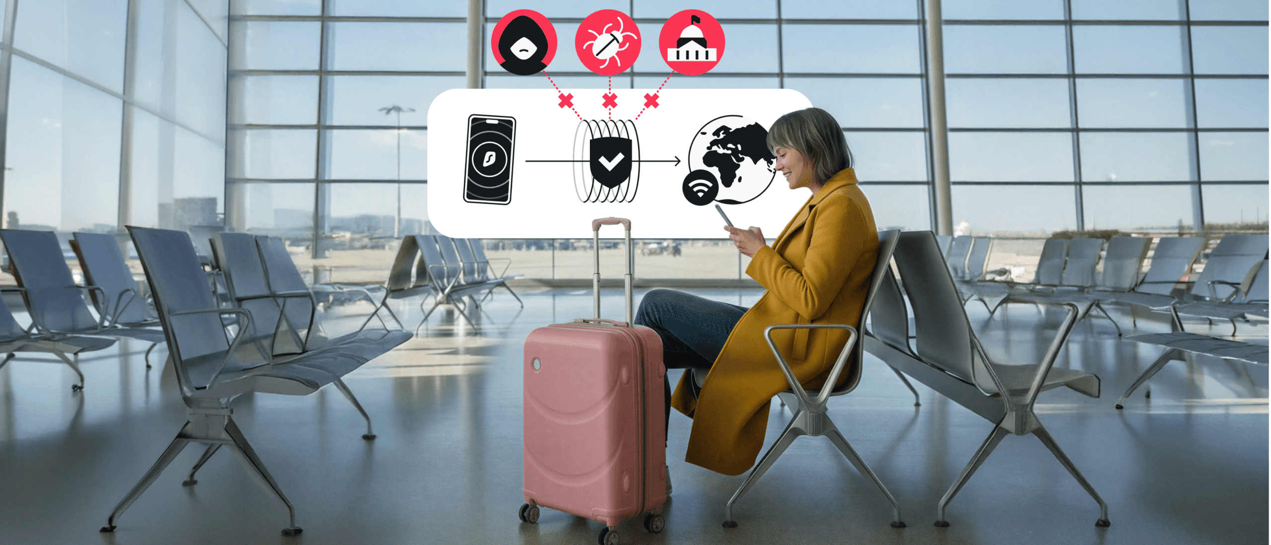 Woman in a mustard coat at the airport with a pink suitcase, using a phone. A secure VPN tunnel blocking hackers and malware in the background.
