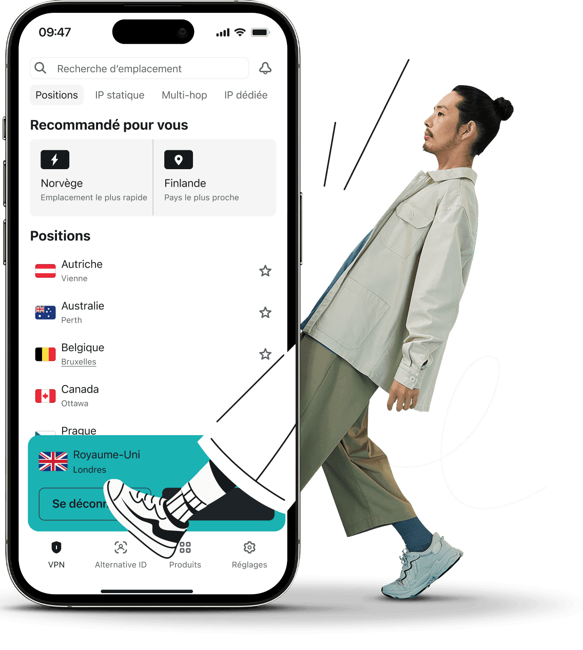 Un homme faisant un pas en avant avec une jambe caricaturée et chevauchant un écran de téléphone affichant l’interface de l’application Surfshark VPN.