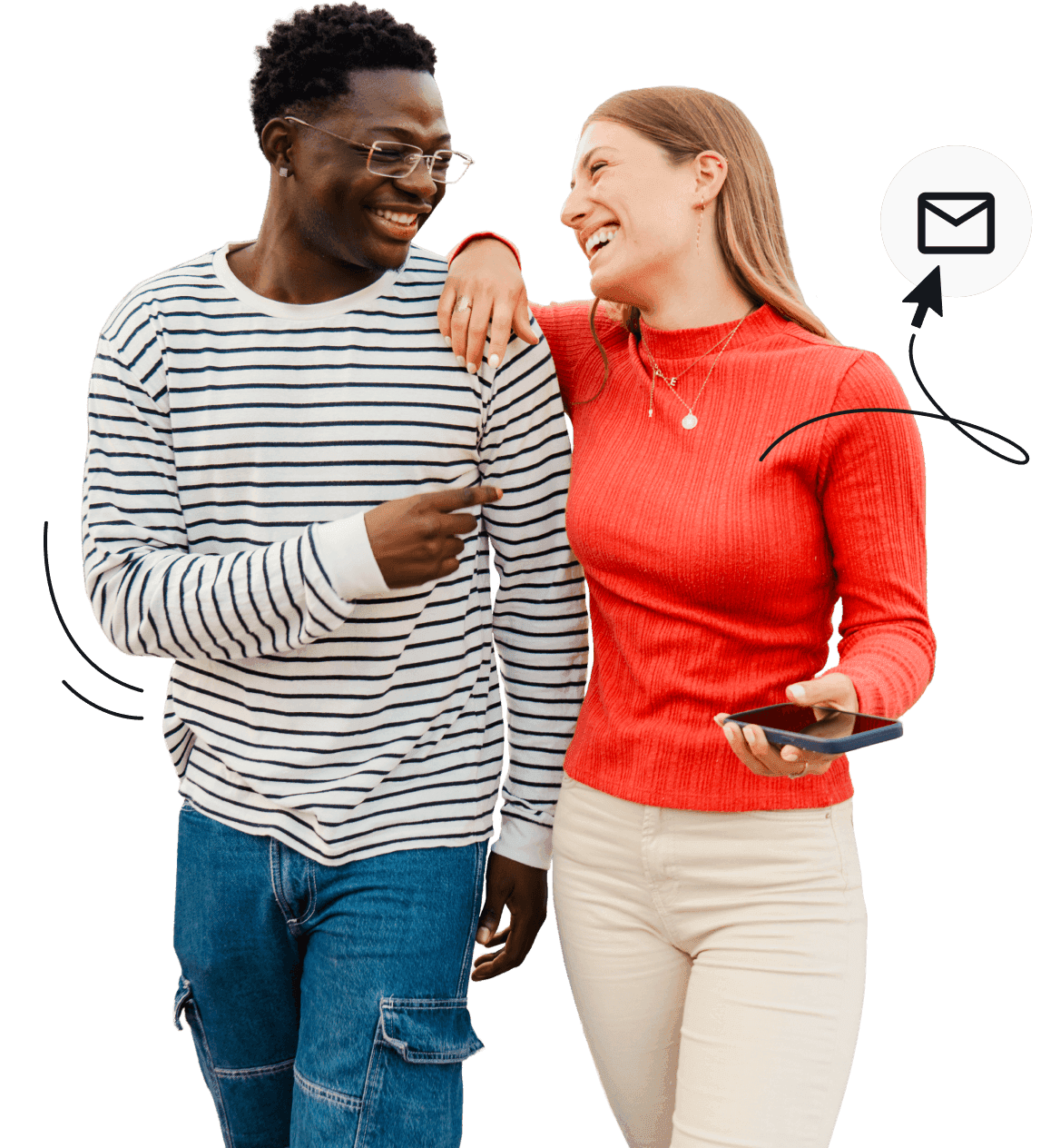 A man and woman walking and smiling at each other, with an icon of an envelope next to them.