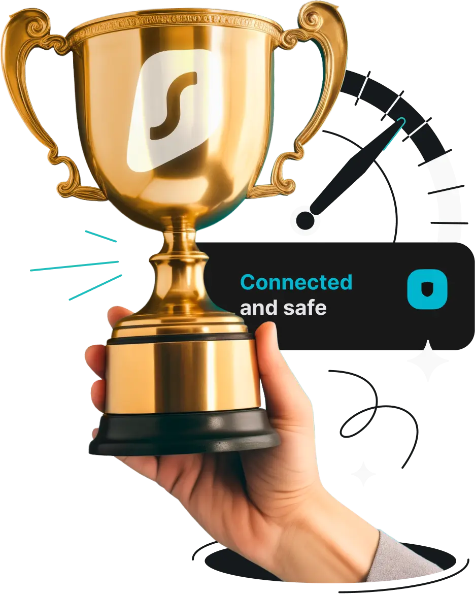 A hand holding a gold trophy with Surfshark logo on it. A connected and safe message is in the background.