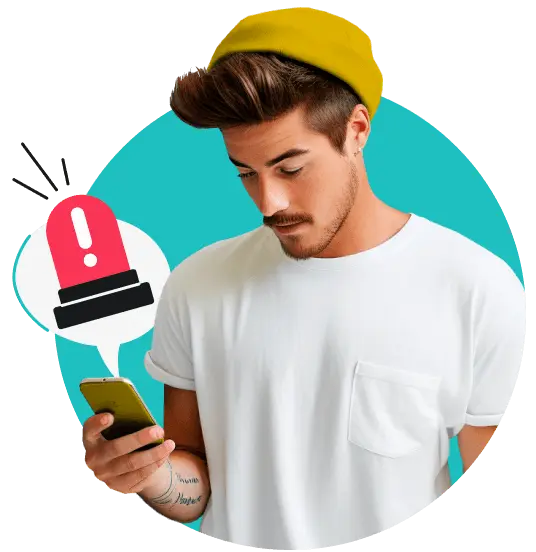 Un homme avec un bonnet jaune et un téléphone à la main. Une bulle avec un gyrophare rouge émerge de son téléphone.