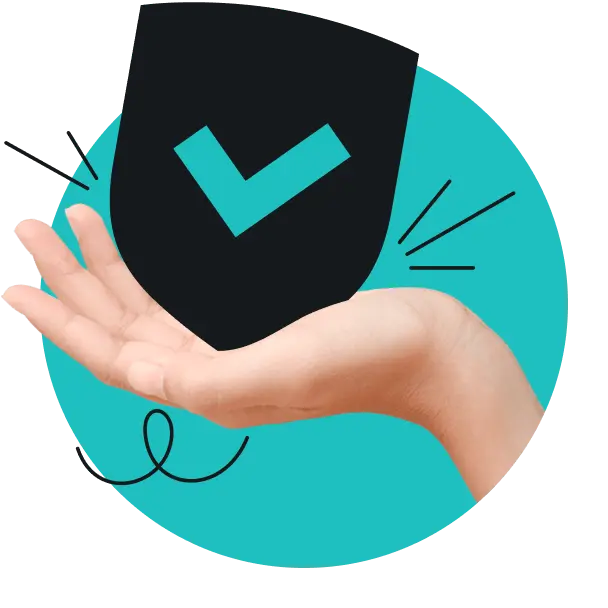 Eine Hand hält ein schwarzes Schild mit blaugrünem Häkchen.
