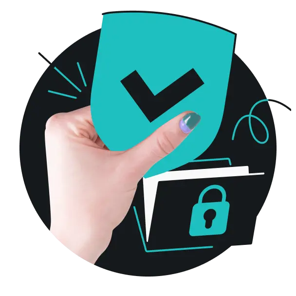 A hand holding a teal shield with a black checkmark and a folder with a padlock in the background.