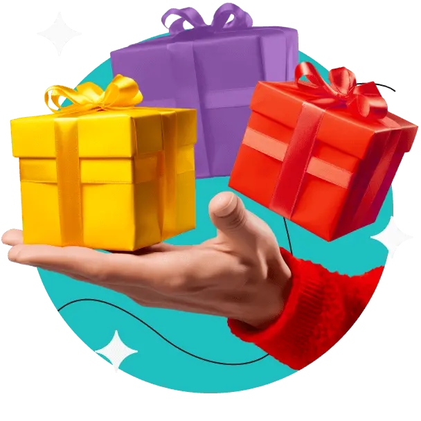 A hand holding yellow, red, and purple gift boxes.