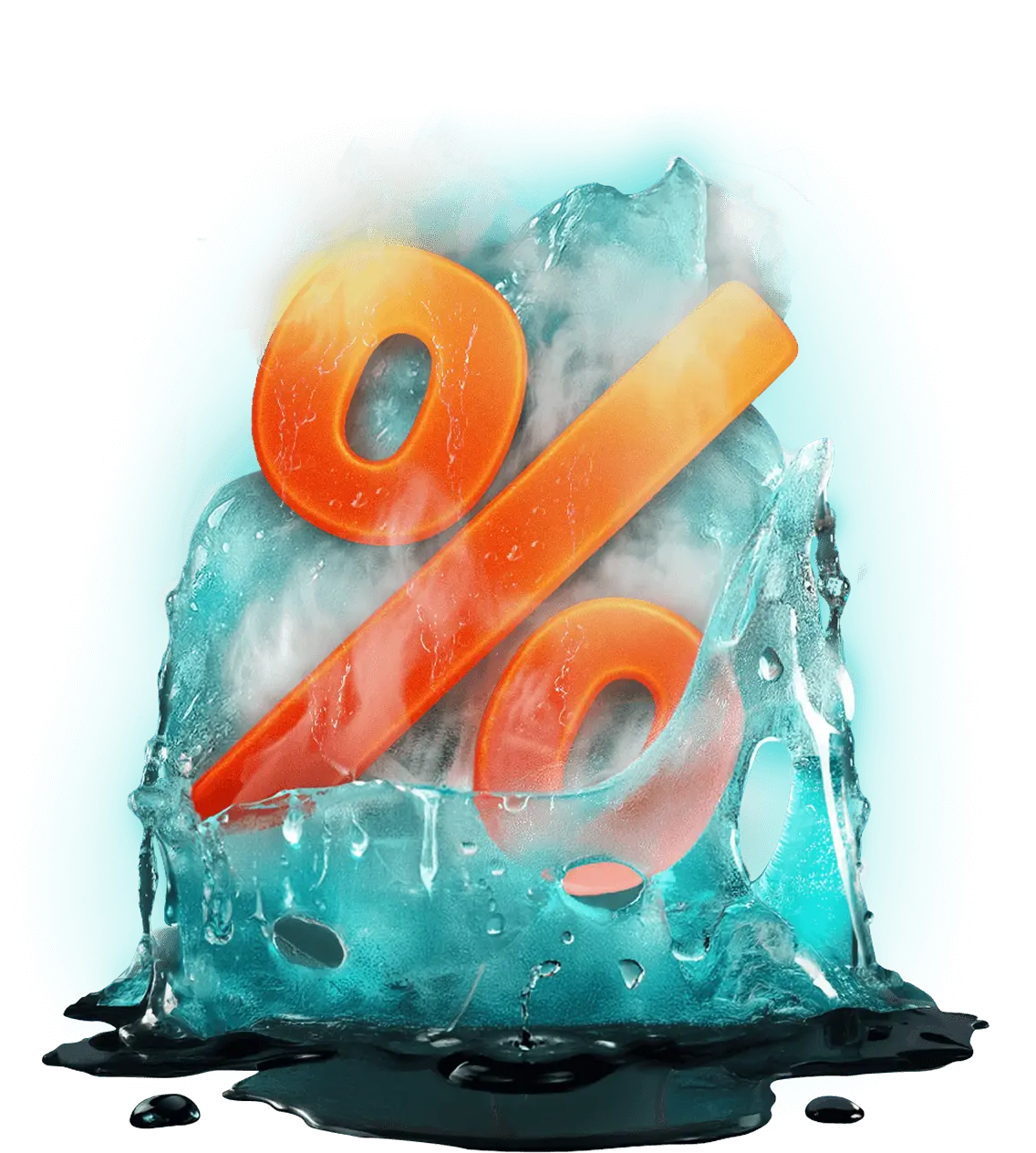 Um símbolo de porcentagem dentro de um bloco de gelo, irradiando calor e derretendo ele por dentro.