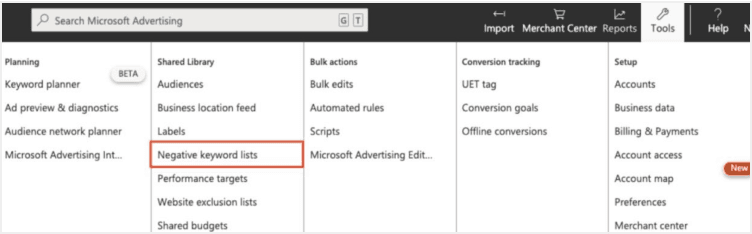 A screenshot of the Microsoft Advertising page, with the section Negative keyword lists highlighted in red