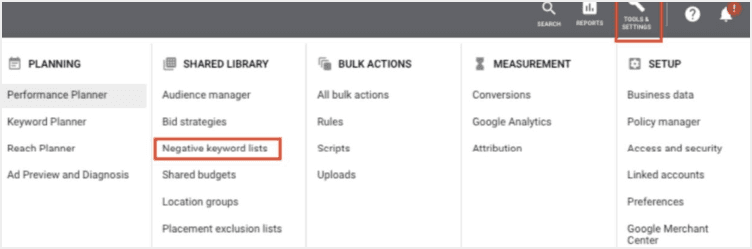 A screenshot of the Google Ads page, with sections Negative keyword lists and Tools & Settings highlighted in red