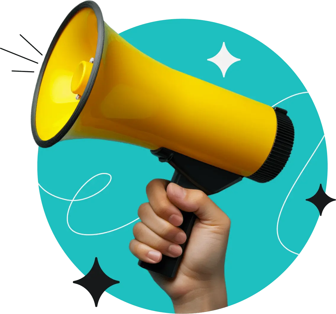 A hand holding a yellow megaphone in a teal background.
