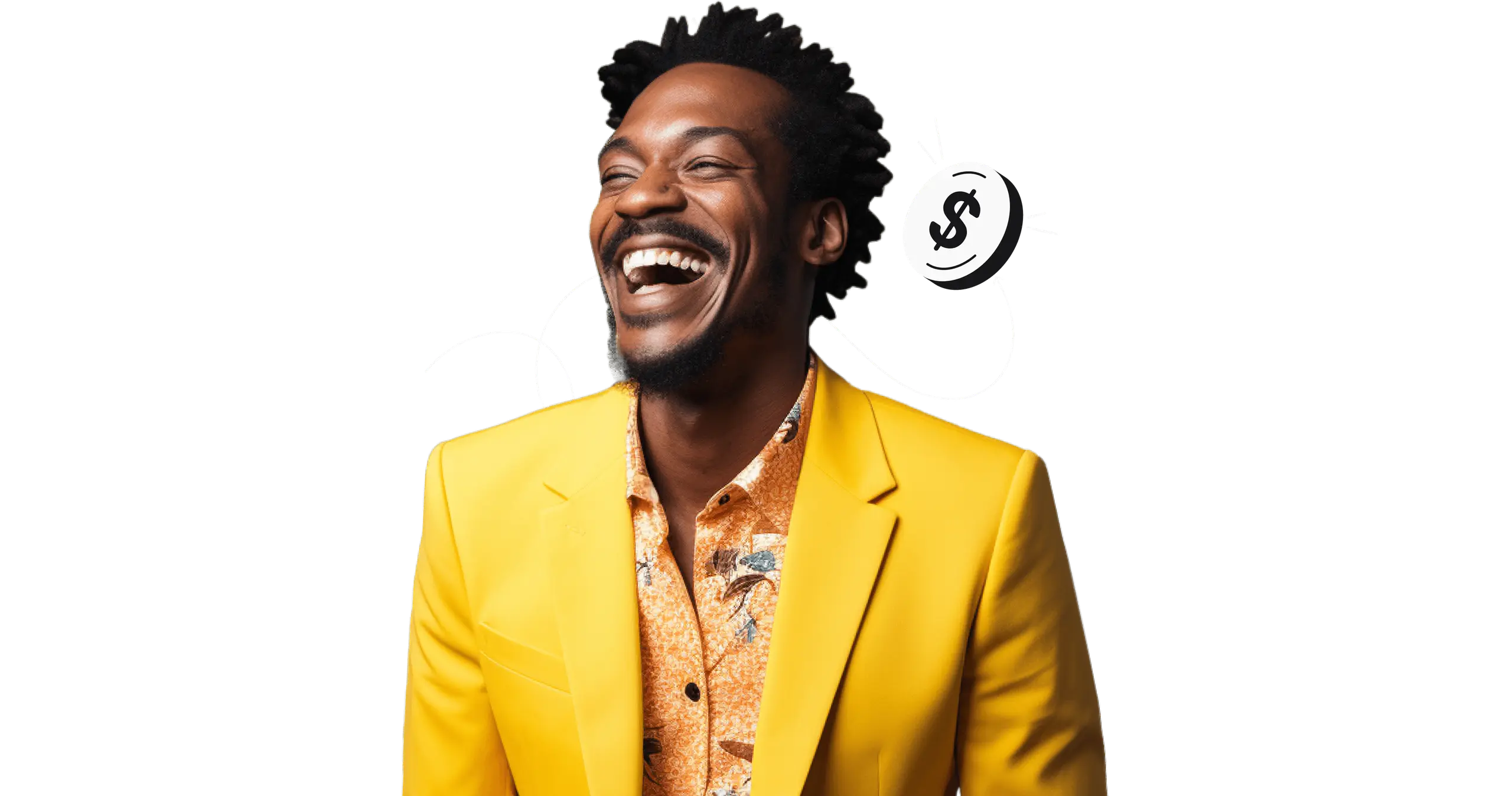 A laughing man in a yellow jacket.