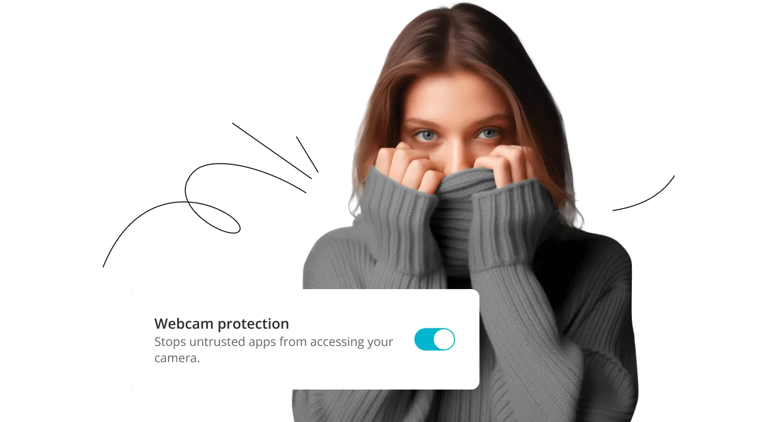 A woman in a yellow background is hiding her face in a gray turtleneck. Webcam protection toggle is turned on.