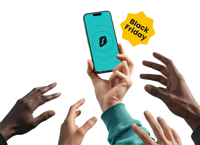 Hands reaching toward a phone with the Surfshark app and a Black Friday badge.