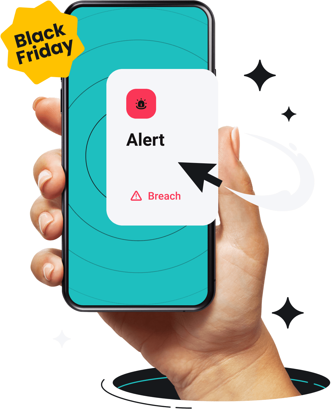 A hand is holding a phone with Surfshark Alert on its screen.