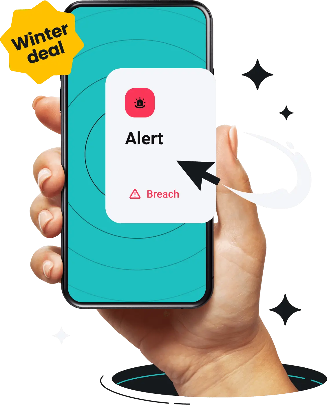 A hand is holding a phone with Surfshark Alert on its screen.