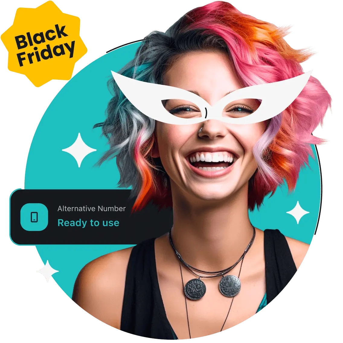 A smiling woman with colorful hair and white glasses; behind her are a box with an alternative number.