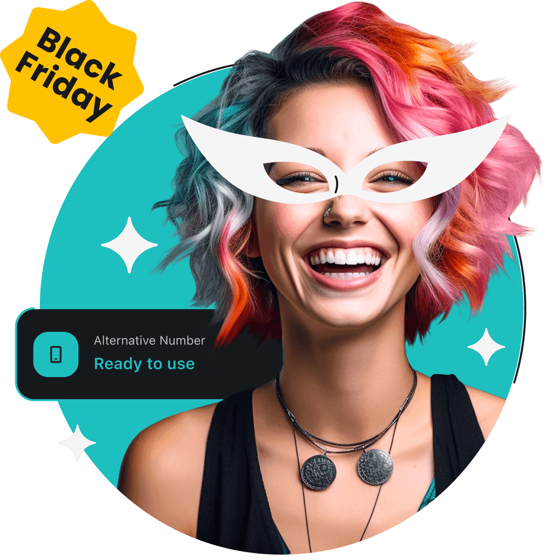 A smiling woman with colorful hair and white glasses; behind her are a box with an alternative number.
