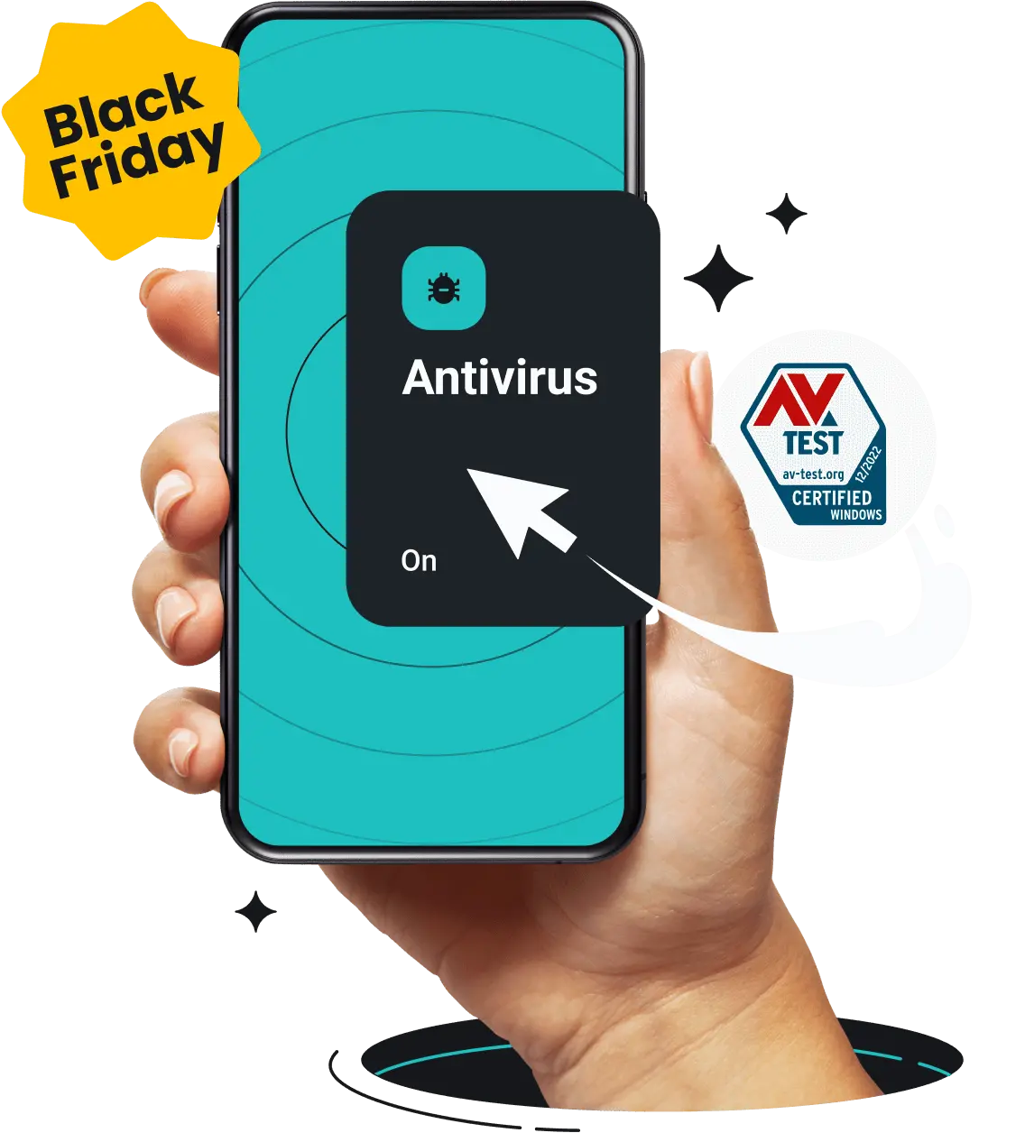 A hand is holding a phone with Surfshark Antivirus on its screen.