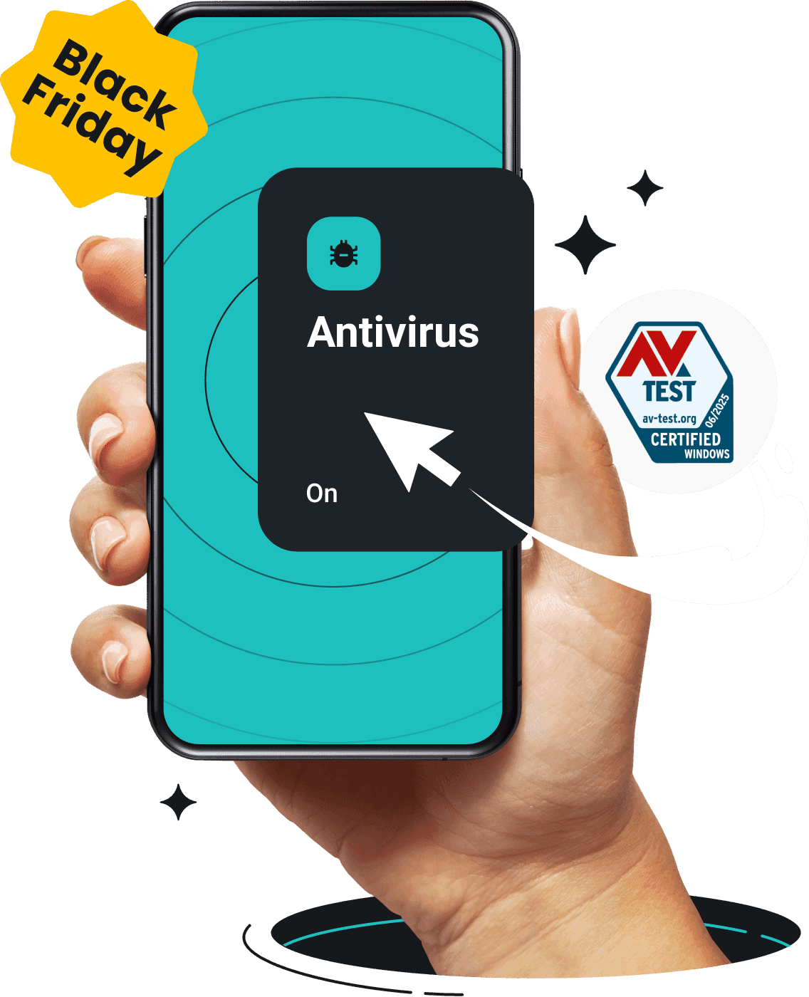 A hand is holding a phone with Surfshark Antivirus on its screen.