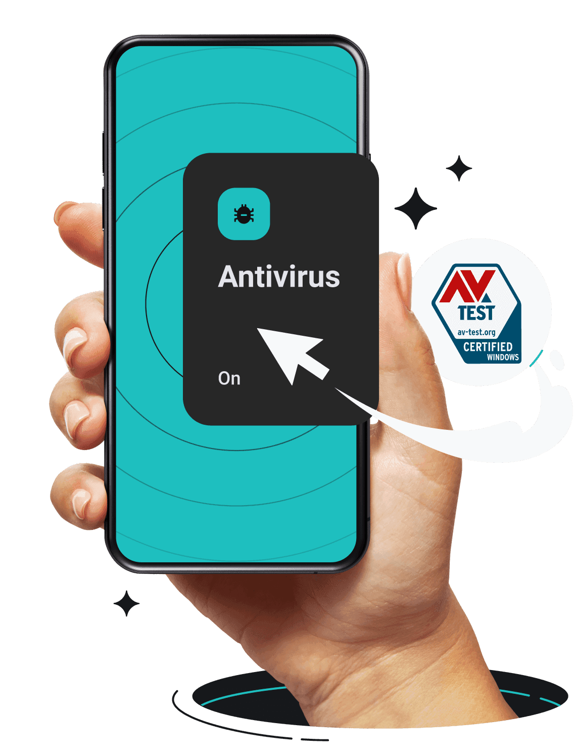 A hand is holding a phone with Surfshark Antivirus on its screen.