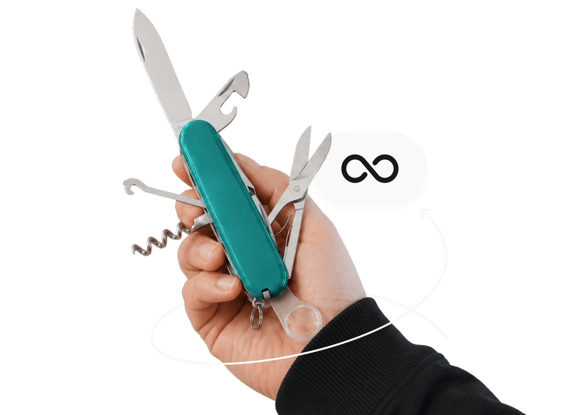 Hand holding a teal multi-tool with an infinity symbol icon nearby and a circular arrow indicating rotation.