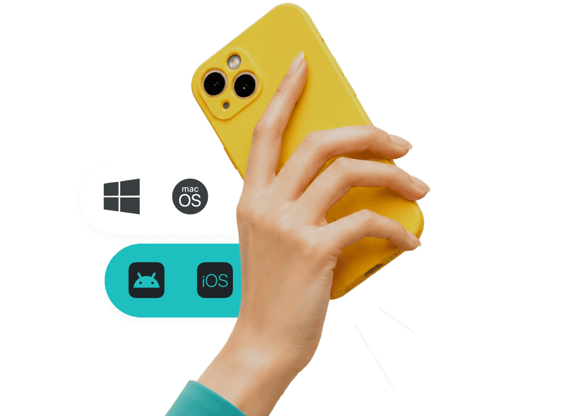 Hand holding a yellow smartphone next to icons for Windows, macOS, Android, and iOS.