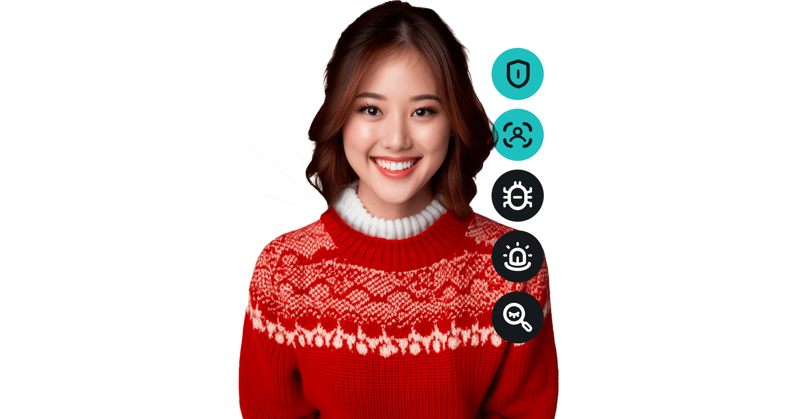 빨간 크리스마스 스웨터를 입은 미소 짓는 여자.