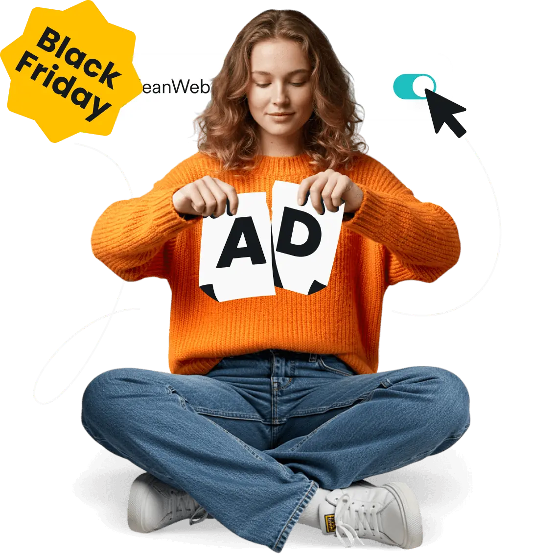 A young woman sitting cross legged, tearing a page with AD on it, and Surfsharks Clean Web toggle turned on behind her.