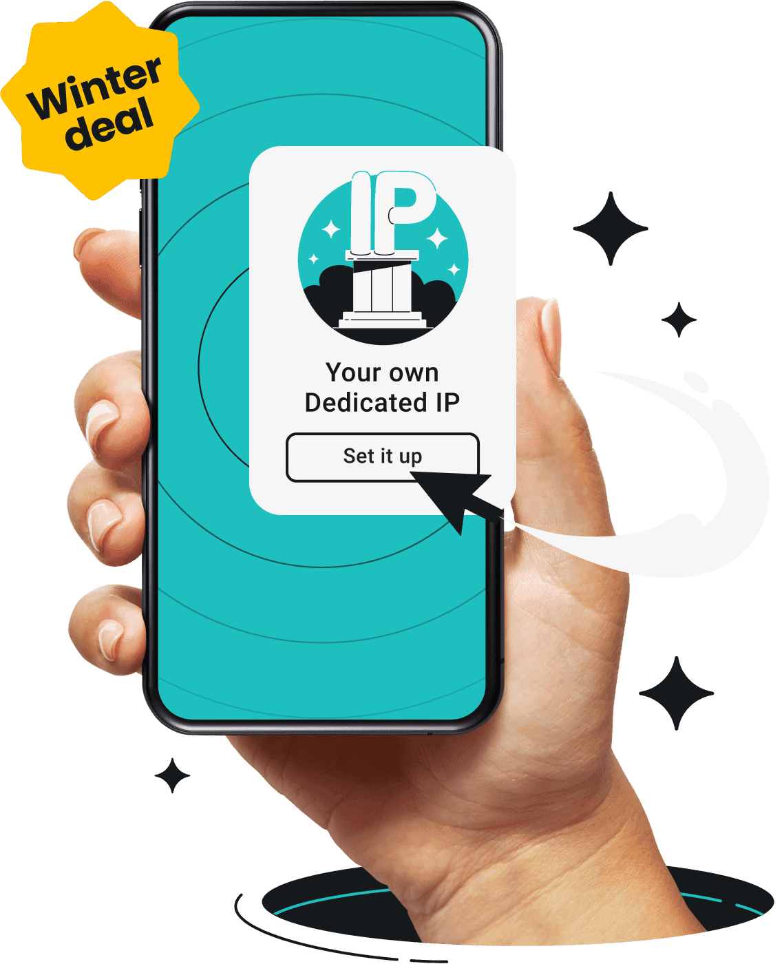 A hand is holding a phone with Dedicated IP on its screen.