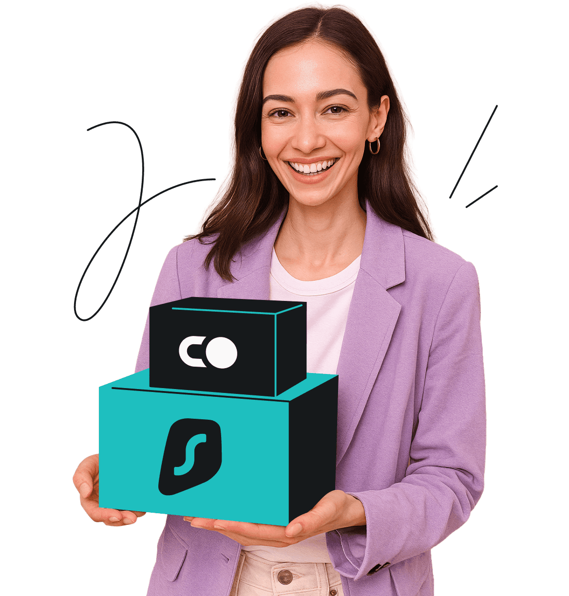 A smiling woman holding two boxes with Surfshark and Incogni logos.