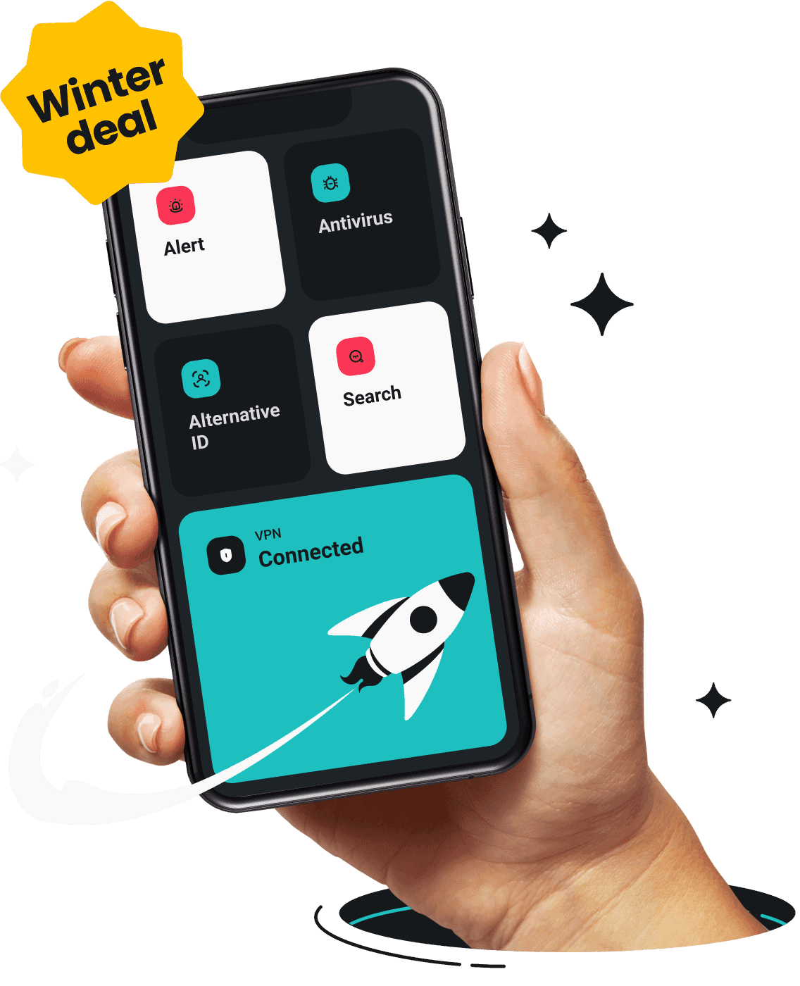 A hand is holding a phone with Surfshark app on its screen.