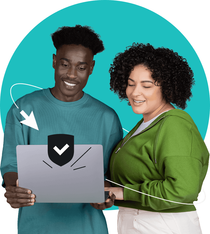 A smiling man and woman looking at a laptop with a security shield icon.