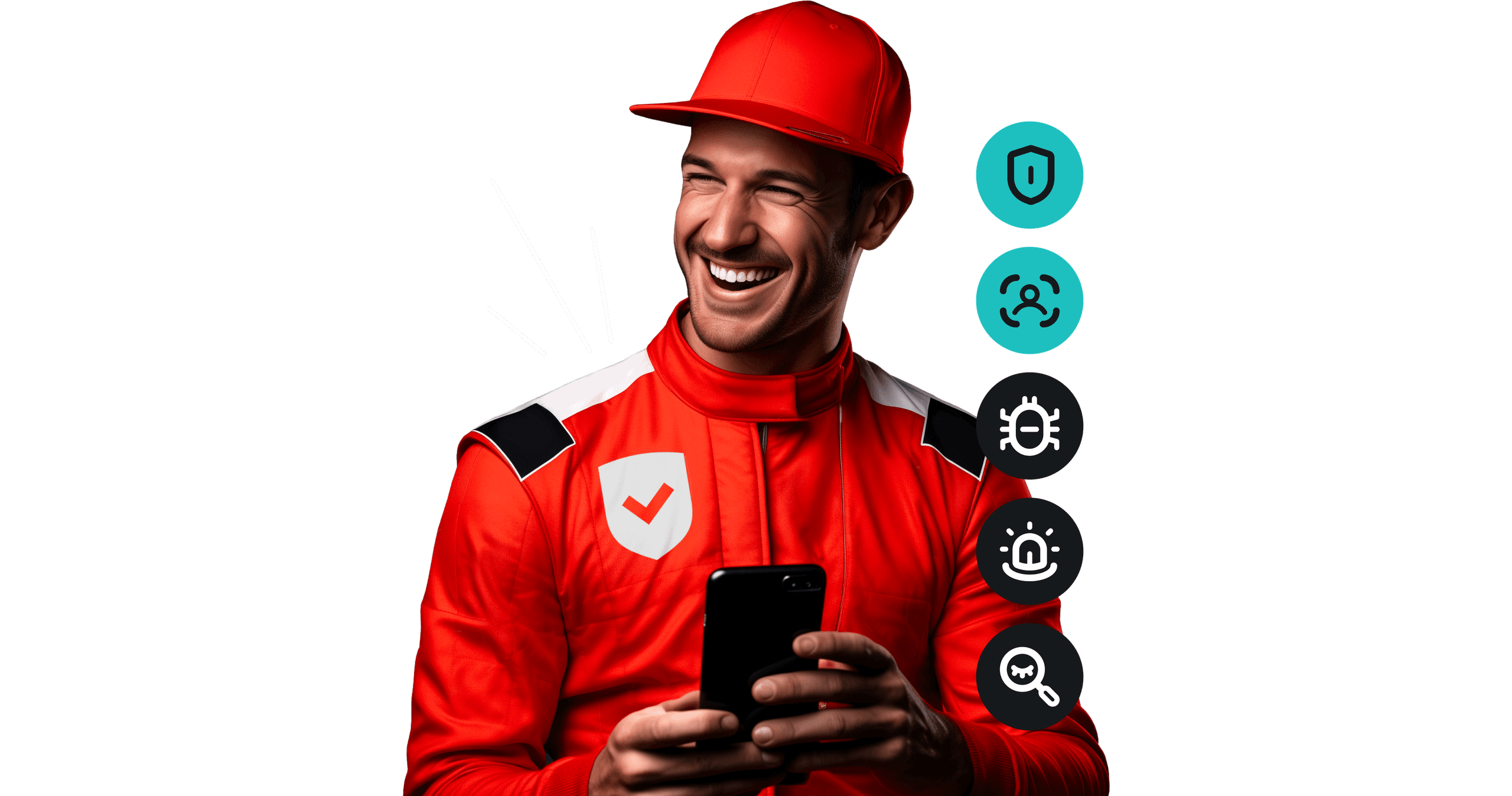 Der Rennfahrer mit Schild und Sicherheitshäkchen auf seinem Rennanzug hält lächelnd ein Smartphone in der Hand.
