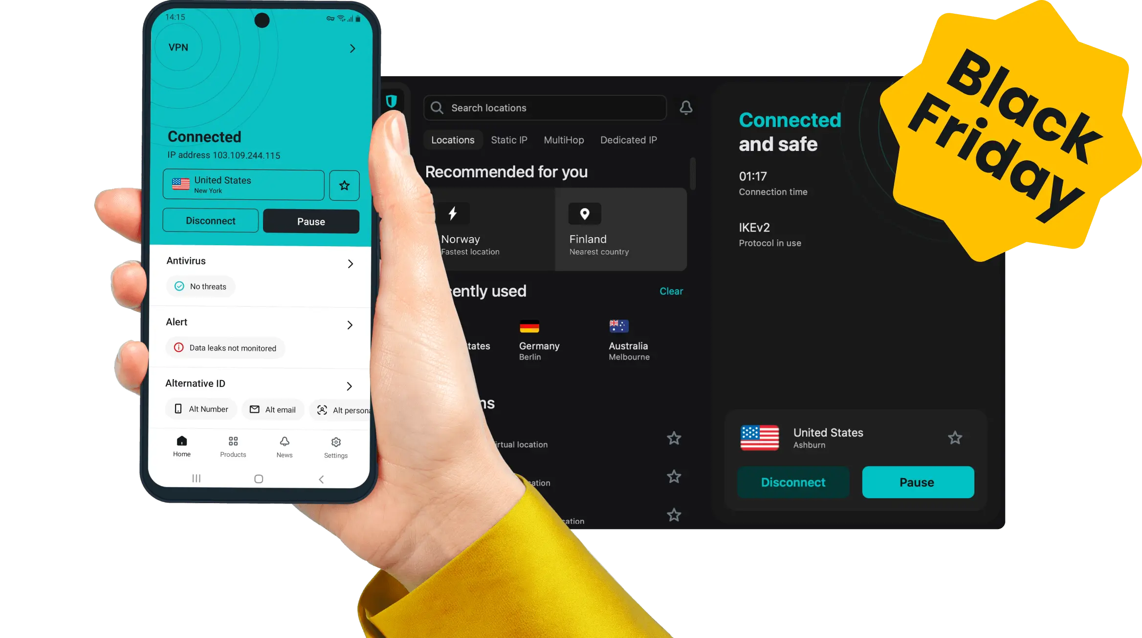 A hand holding a smartphone with an opened Surfshark app and app interface in the background.