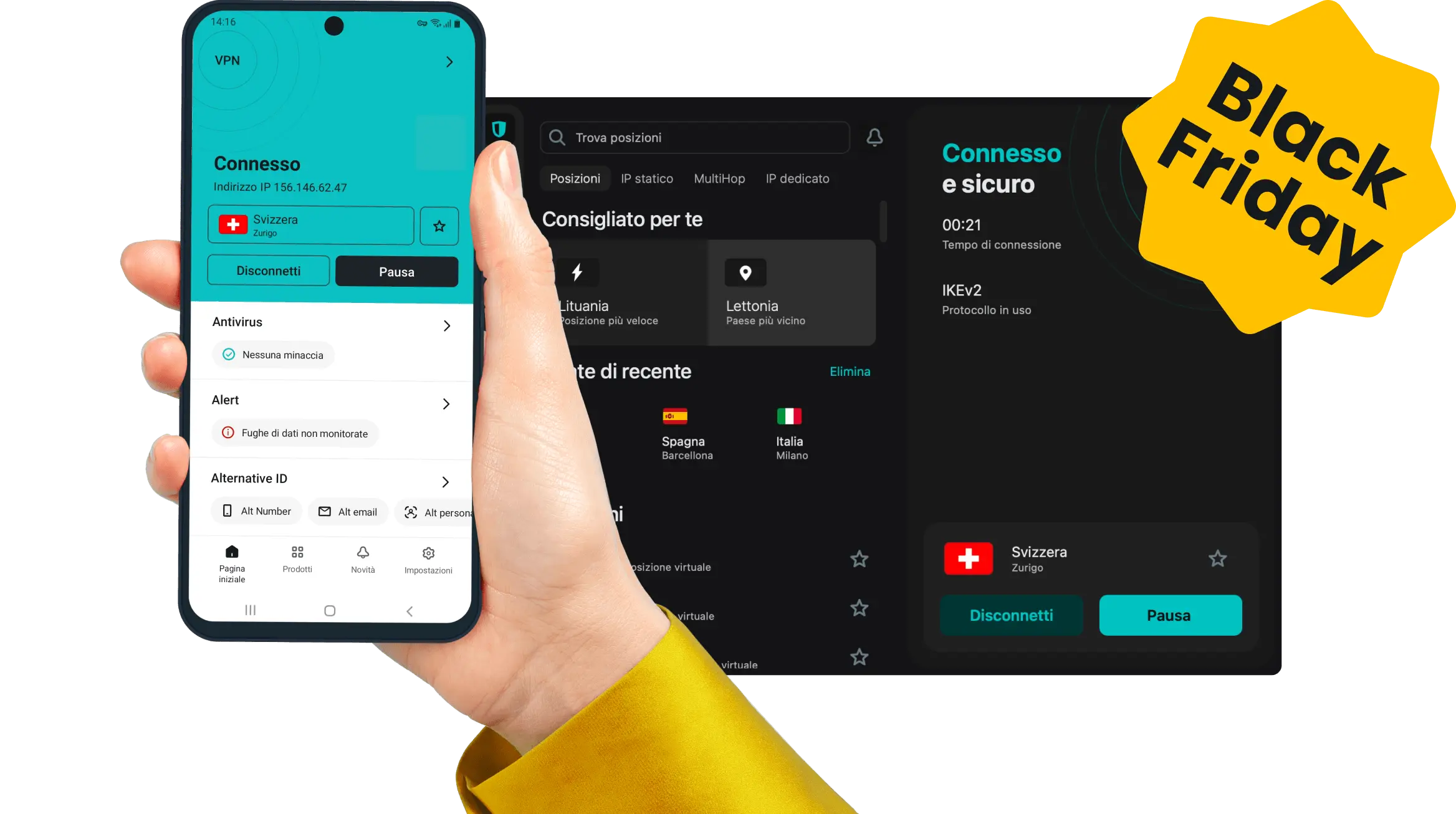 Una mano sostiene uno smartphone con l'app di Surfshark aperta e l'interfaccia dell'app sullo sfondo.