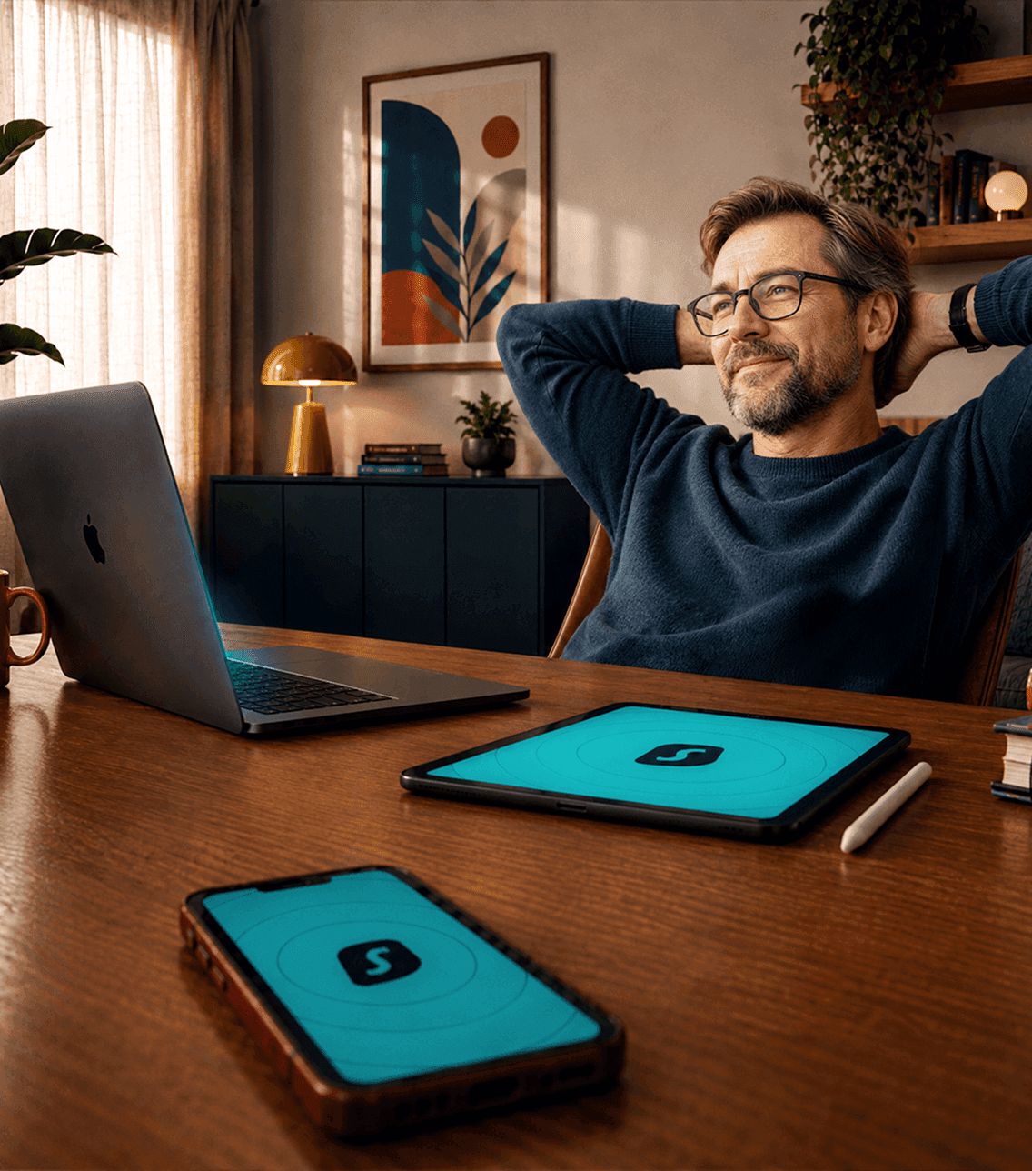Un homme assis à un bureau, les mains derrière la tête, avec un ordinateur portable, une tablette et un téléphone sur lesquels apparaît le logo Surfshark.
