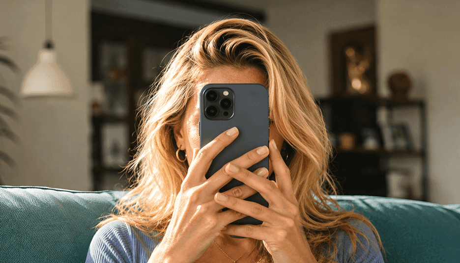 Une femme blonde assise sur un canapé tient un téléphone devant son visage.
