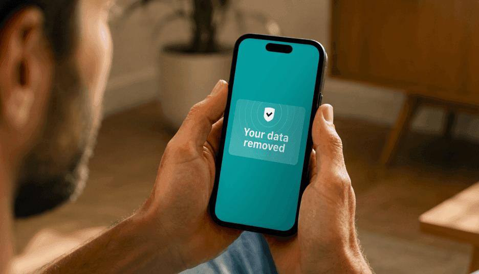 Person holding a smartphone displaying a notification with a shield icon and the text Your data removed.